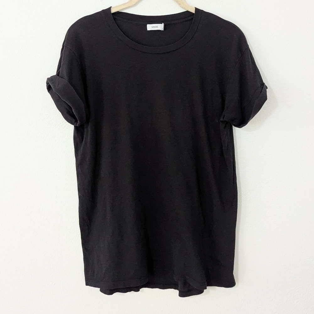 Vince Rolled Sleeve Crewneck T Shirt Short Sleeve Cuffed Pima Cotton Black XS